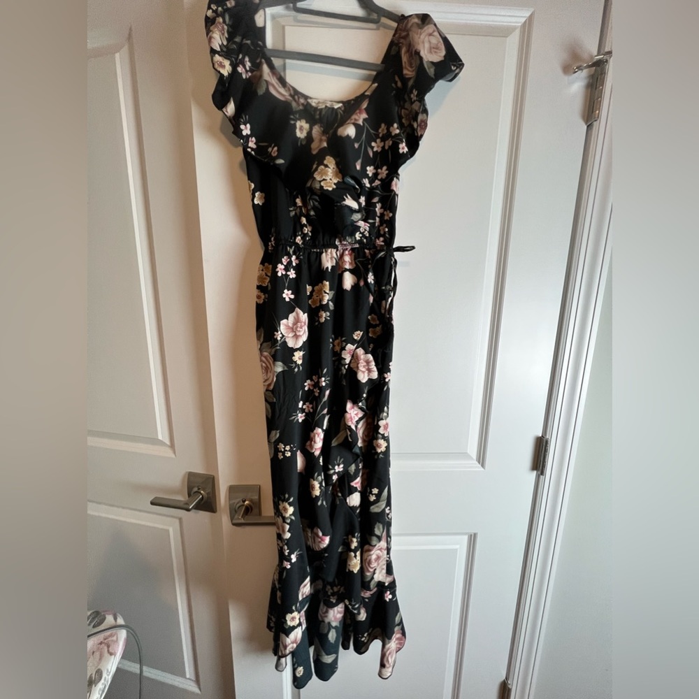 Boho high-low dress in black color with pink roses new without tag in S size